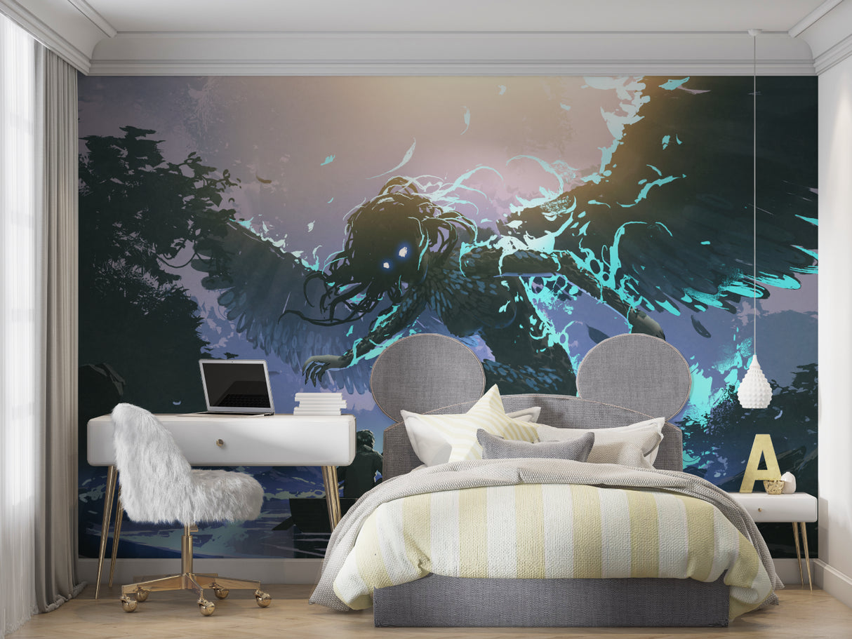 Electric angel wall mural bringing magic to a teen bedroom with ambient lighting