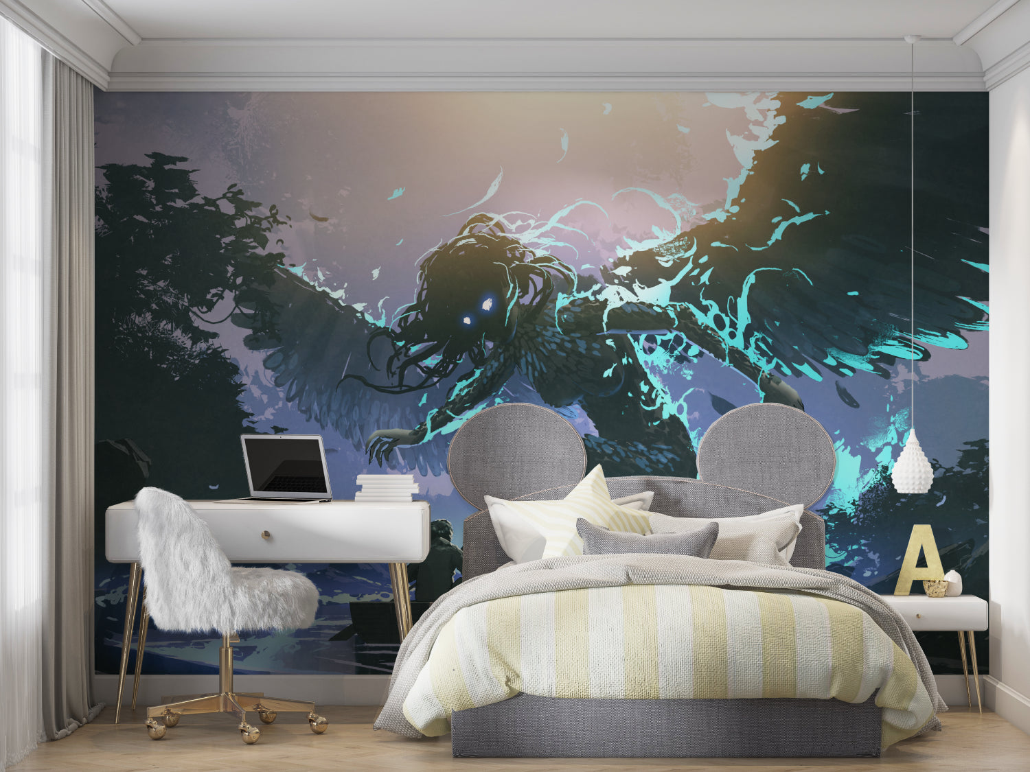 Electric angel wall mural bringing magic to a teen bedroom with ambient lighting