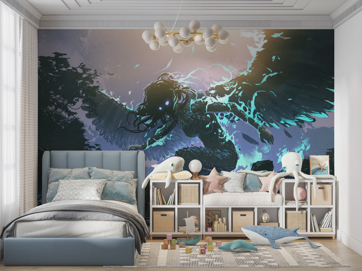 Abstract angel wallpaper transforming a gaming room with ethereal energy