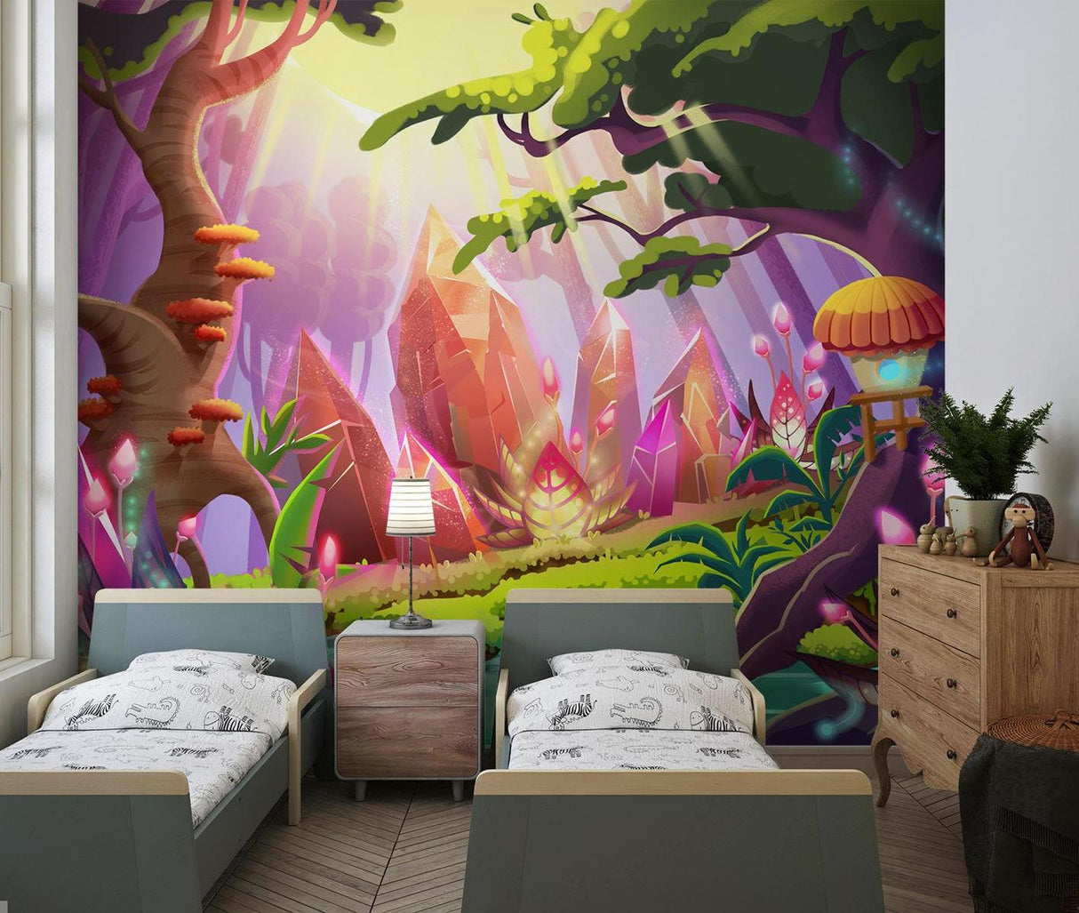 Fantasy forest wallpaper in a cozy children's bedroom, purple crystals creating a magical reading nook