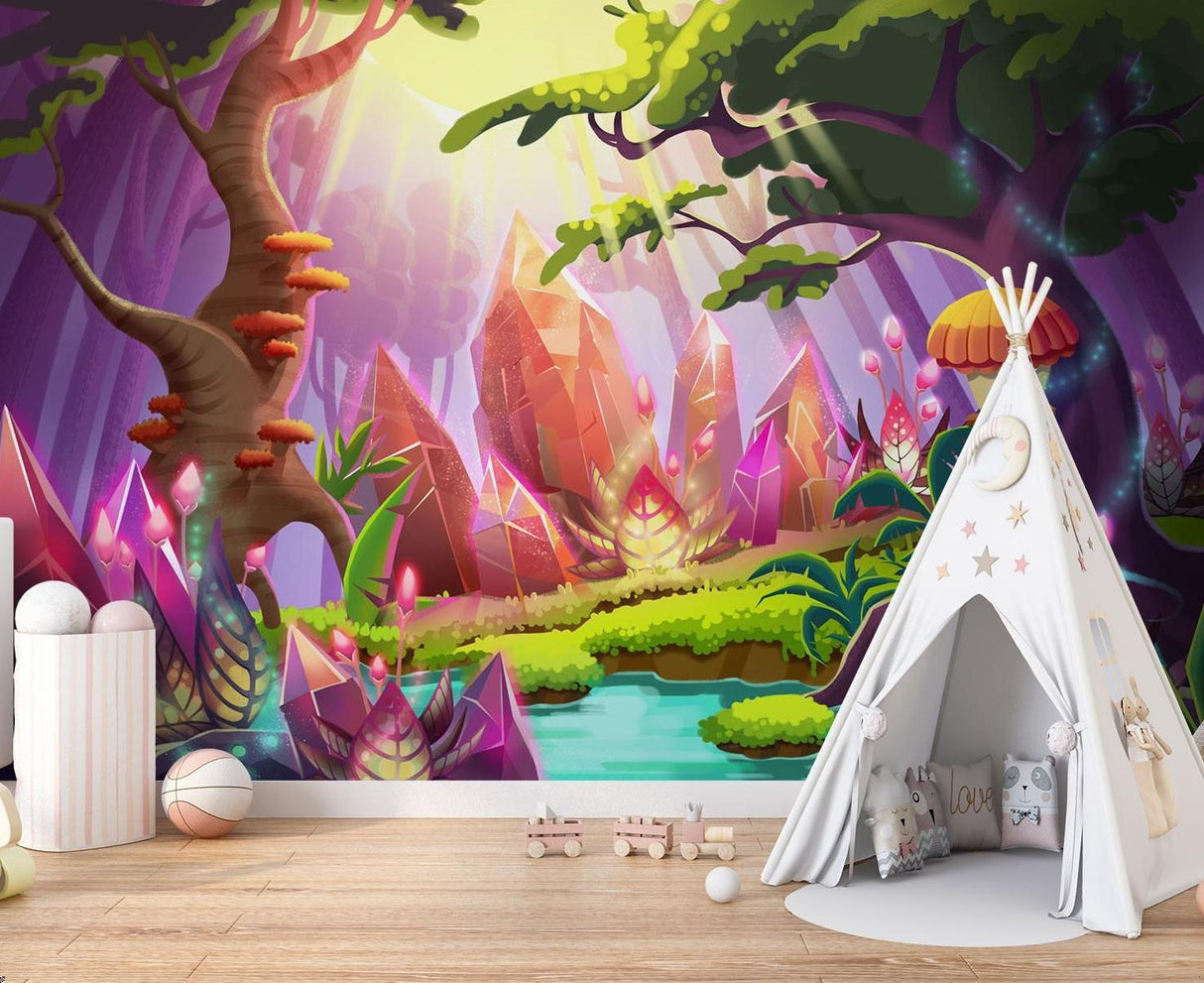 Enchanted crystal forest mural in a modern playroom with glowing purple accents