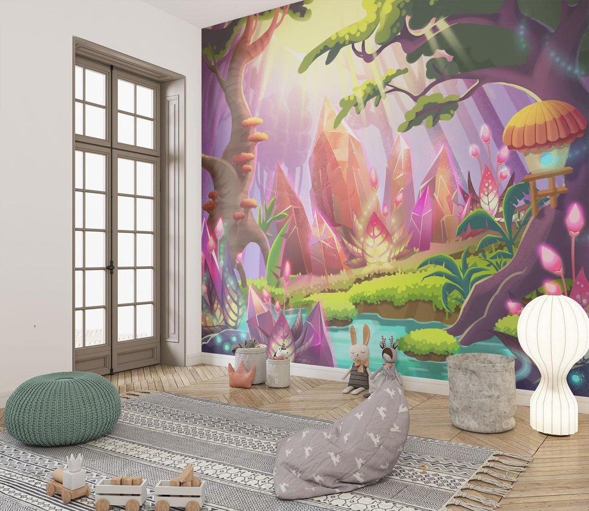 Magical forest wallpaper brightening a nursery with soft crystal glow