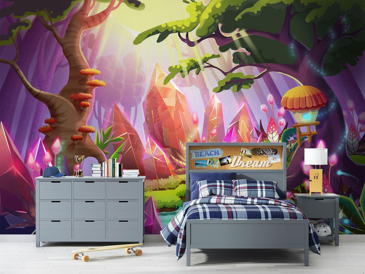 Crystal forest mural creating a dreamy atmosphere in a teen's study corner
