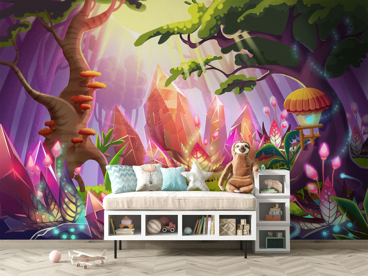 Fantasy crystal wallpaper transforming a reading nook into a magical retreat