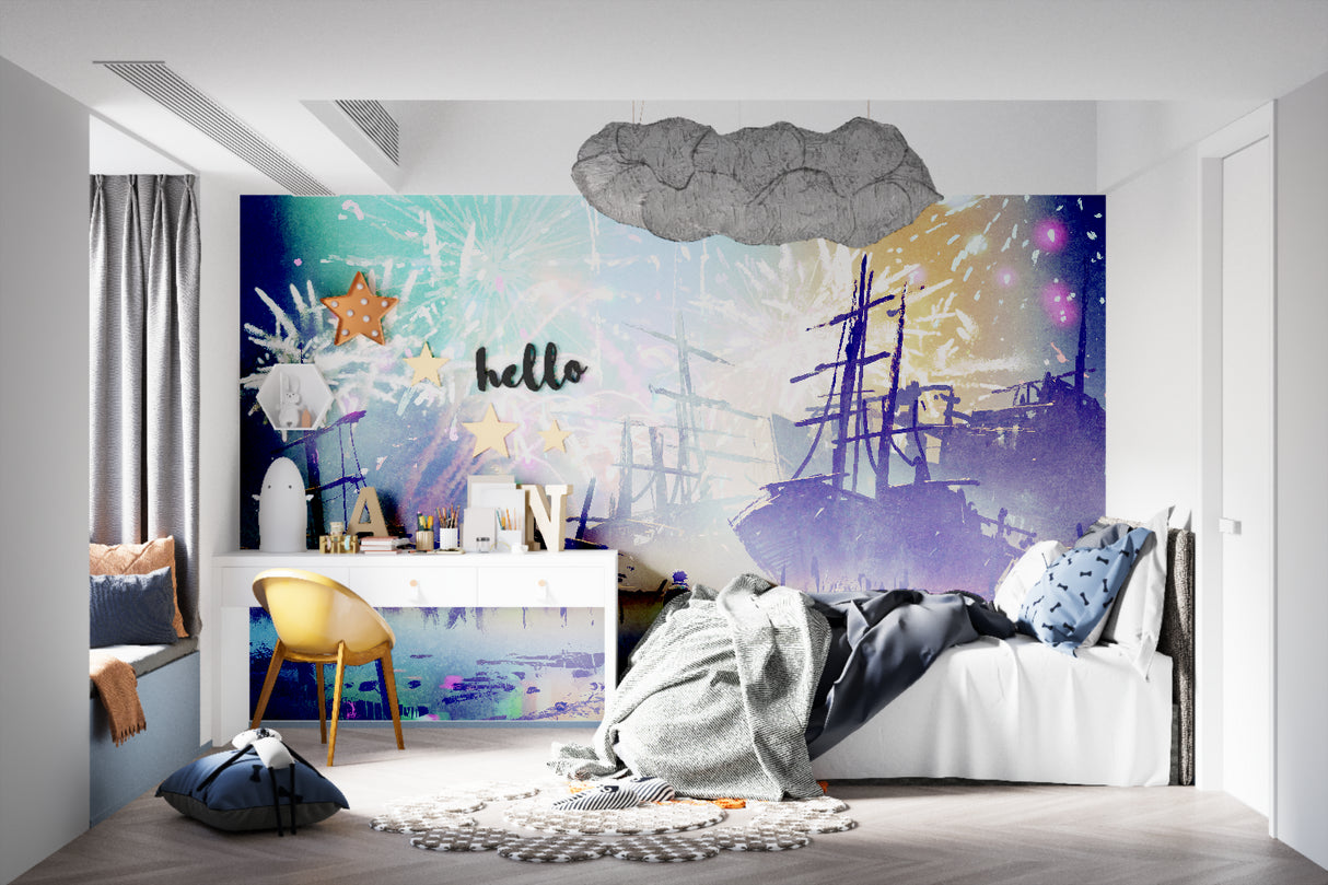Fantasy ship wallpaper with fireworks in a cozy bedroom, creating magical atmosphere for kids