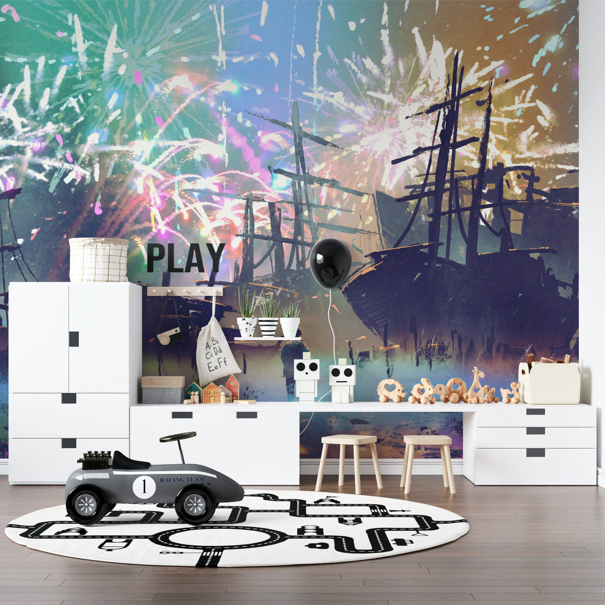 Adventure theme wallpaper featuring ships and fireworks in a modern playroom setting