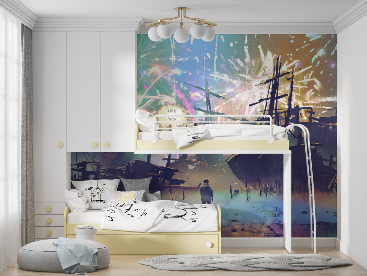 Fantasy adventure mural with ships displayed in a nursery with soft lighting