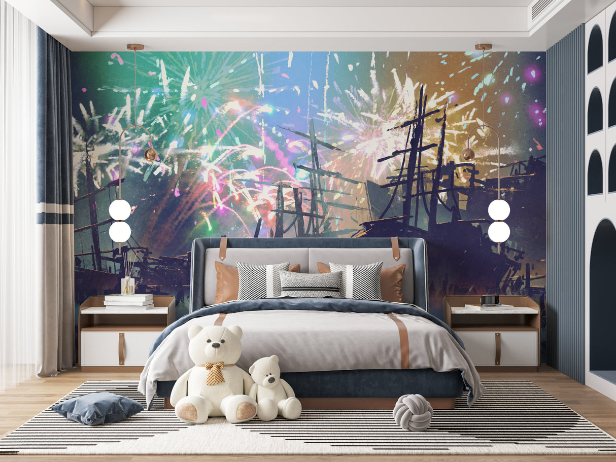 Ships and fireworks wallpaper creating depth in a family room space