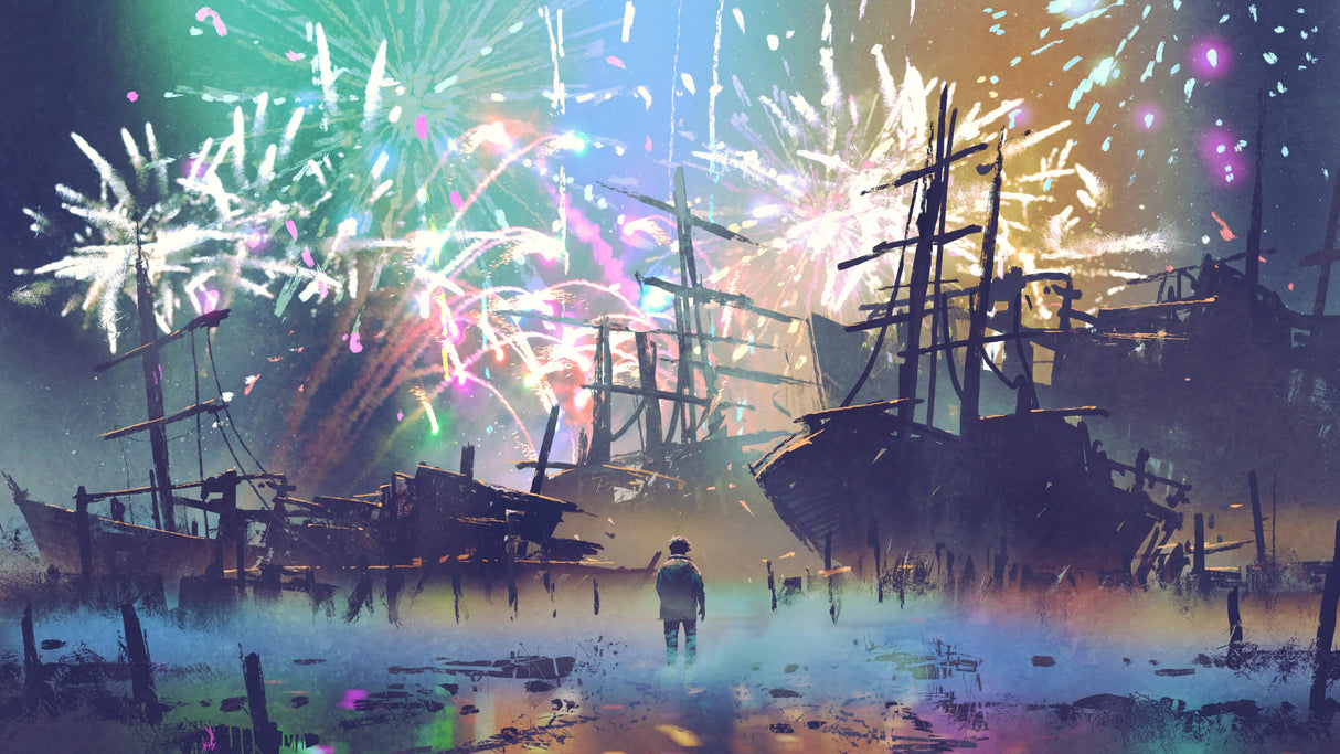 Fantasy adventure wallpaper design file showing detailed fireworks and ship pattern