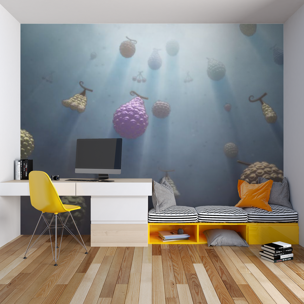 Fantasy fruit wall mural bringing life to a modern home office space