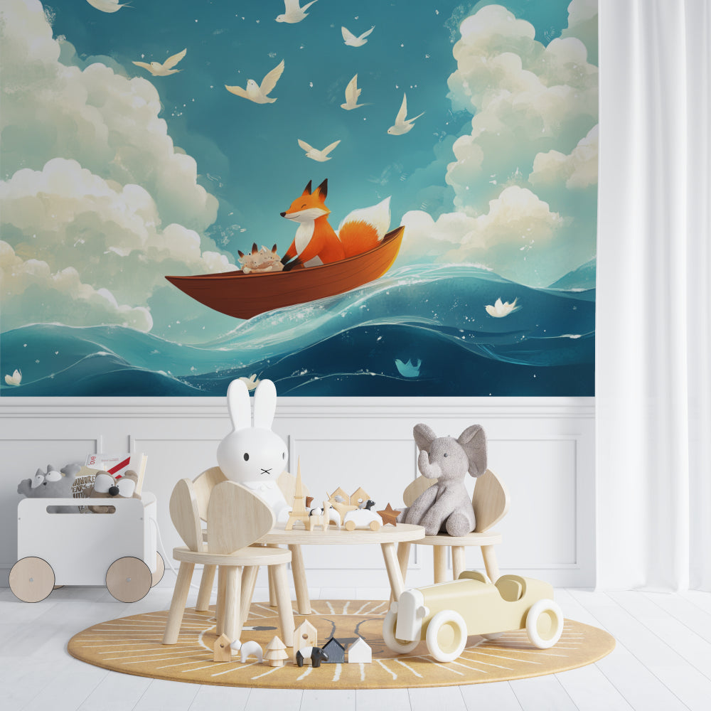 Ocean fantasy wallpaper featuring fox and birds displayed in a cozy reading nook with soft lighting