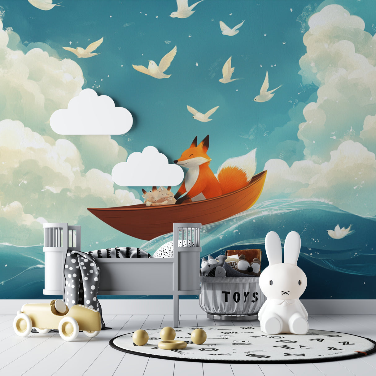 Whimsical fox mural wallpaper bringing life to a playroom with natural light streaming in