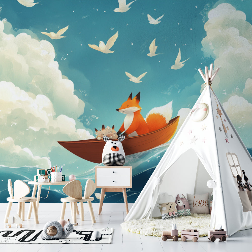 Fantasy animal wallpaper creating a magical atmosphere in a child's bedroom with minimal decor