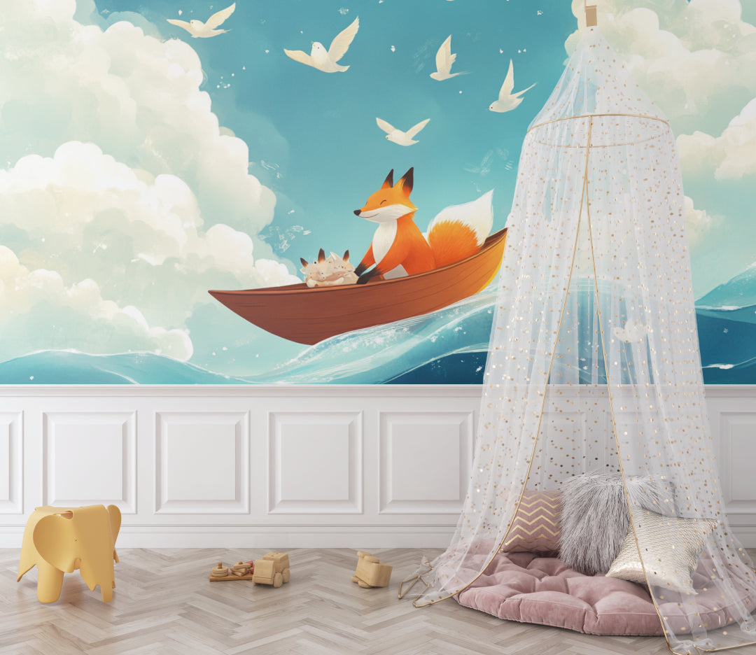Ocean adventure mural installed in a modern kids room showing scale and color accuracy