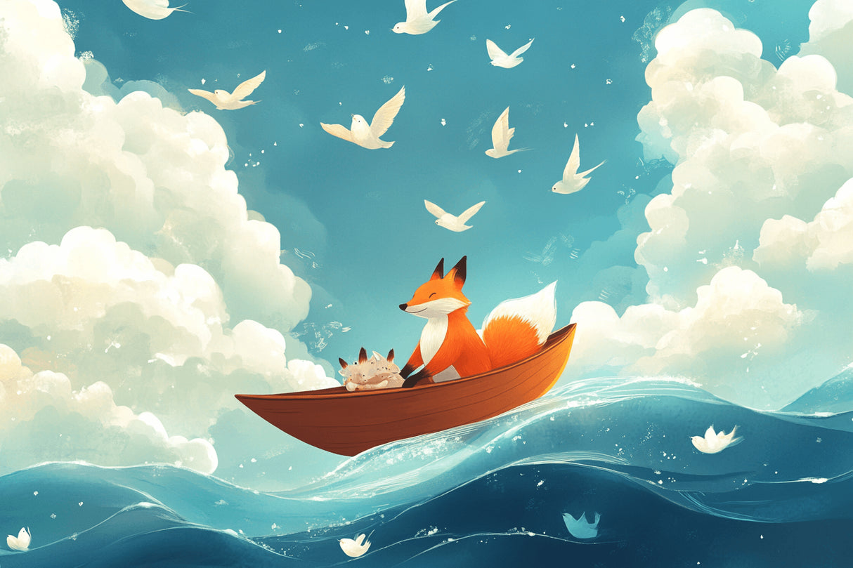 Fantasy fox and birds ocean adventure wallpaper design file showing full pattern and detail