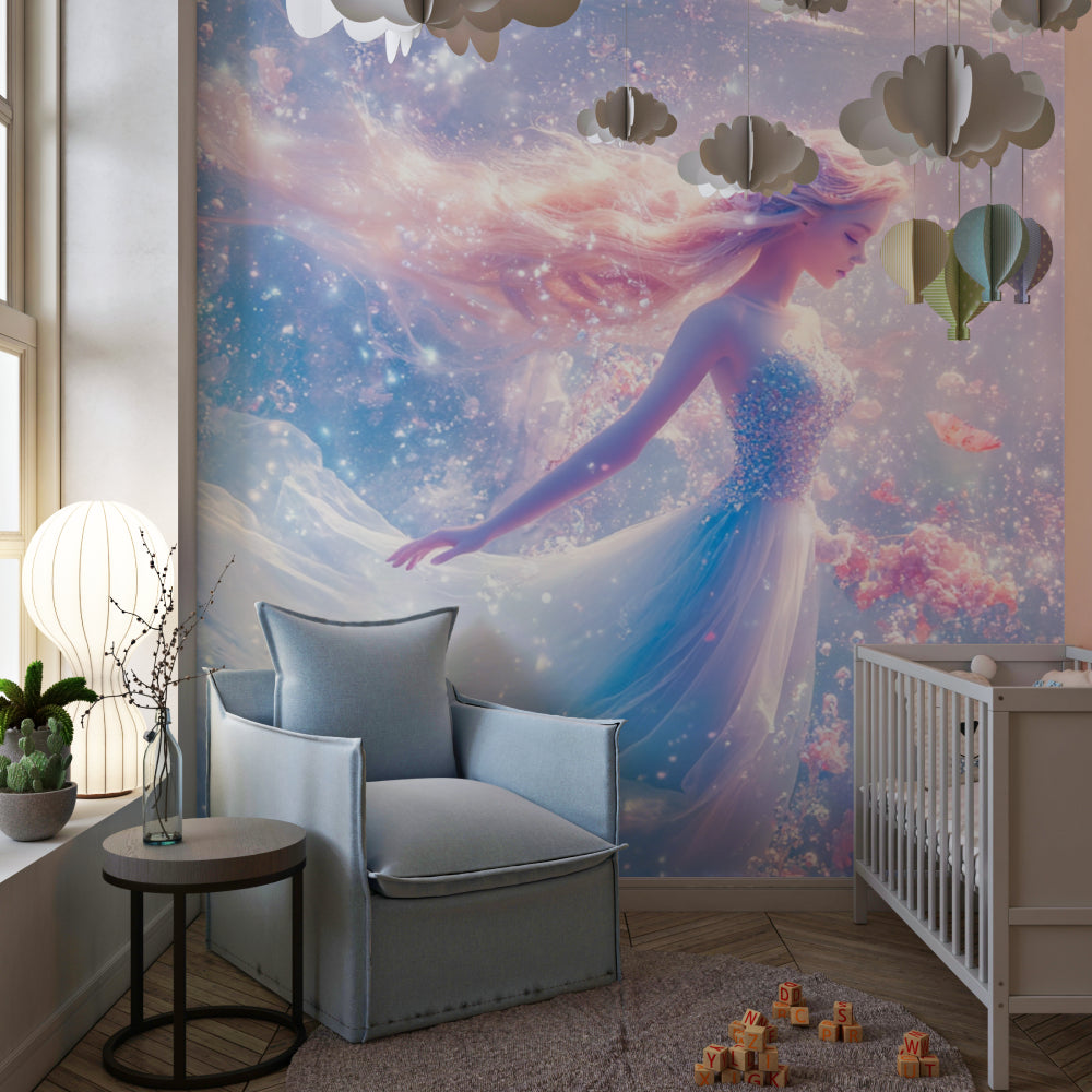 Princess wallpaper mural creating a magical atmosphere in a girl's bedroom with soft pink and blue tones
