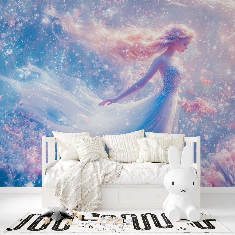 Fantasy princess wall mural bringing enchantment to a nursery with sparkling details
