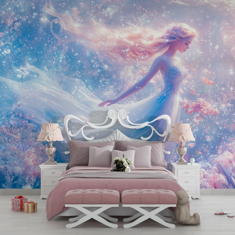 Princess mural wallpaper adding whimsy to a reading nook with ethereal design