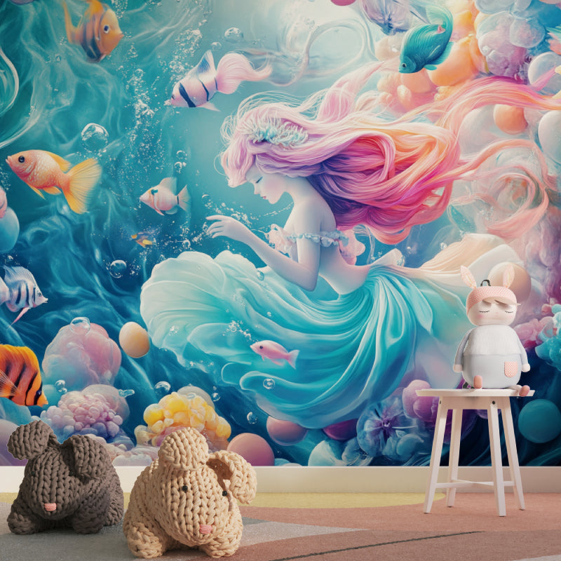 Mermaid princess wallpaper creating magic in a girl's bedroom with soft aqua and pink tones