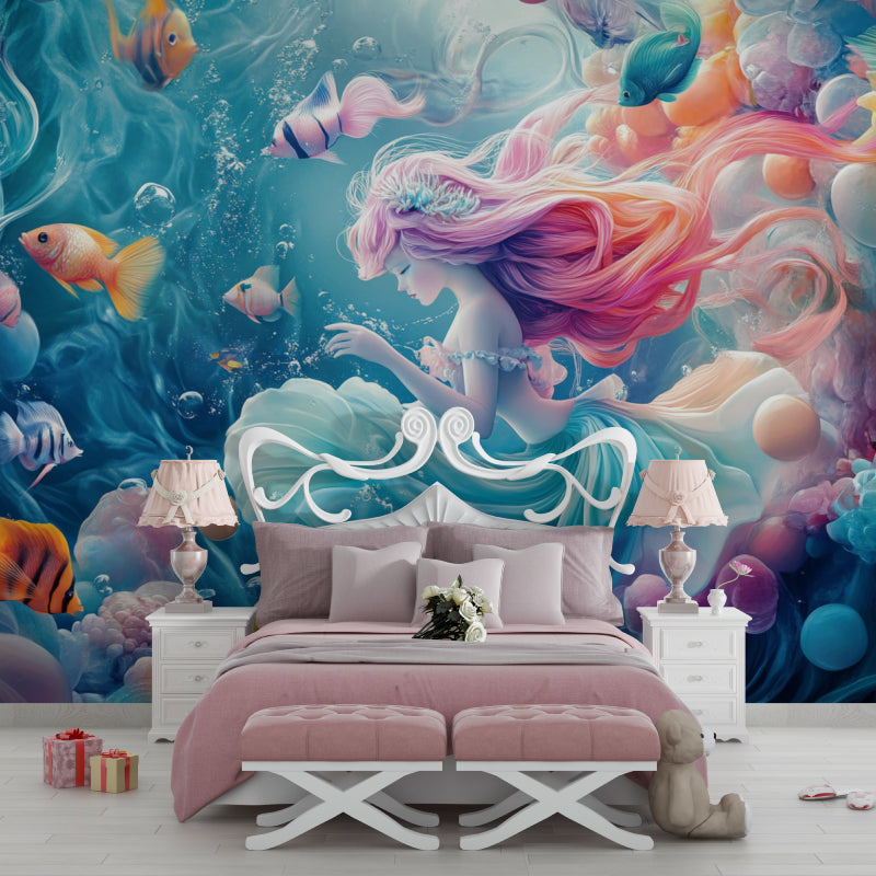 Underwater mermaid wallpaper transforming a playroom into an enchanted marine kingdom