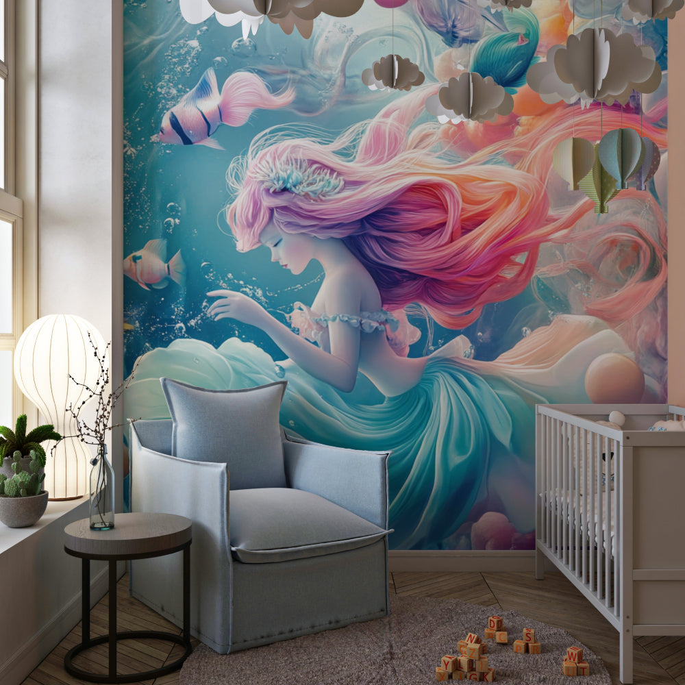 Fantasy mermaid wall mural adding depth to a reading nook with shimmering details
