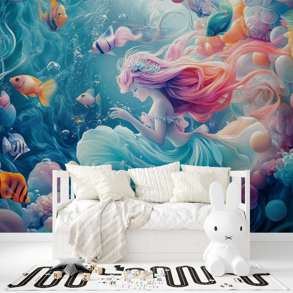 Mermaid princess wallpaper bringing ocean magic to a modern nursery space