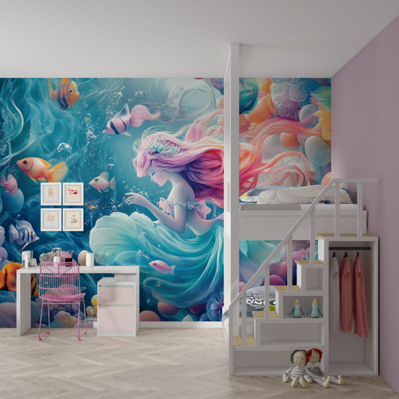 Underwater fantasy mural creating wonder in a child's bathroom setting