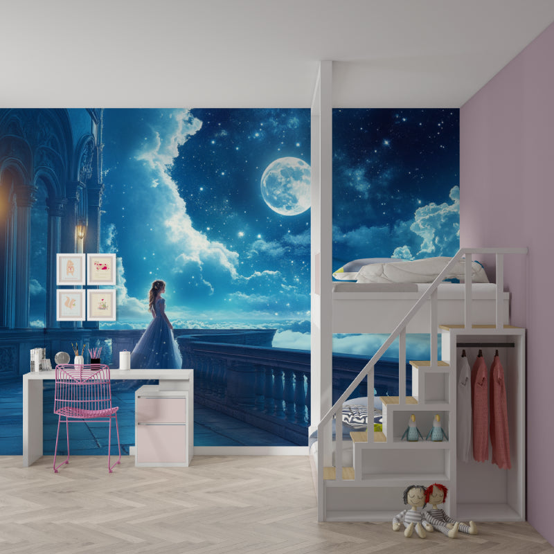 Princess castle wallpaper in girl's bedroom creating magical atmosphere with soft moonlight glow