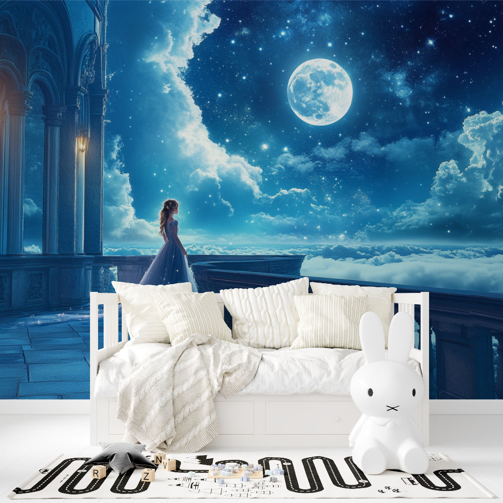 Moonlit castle mural wallpaper in nursery with reading nook and soft lighting