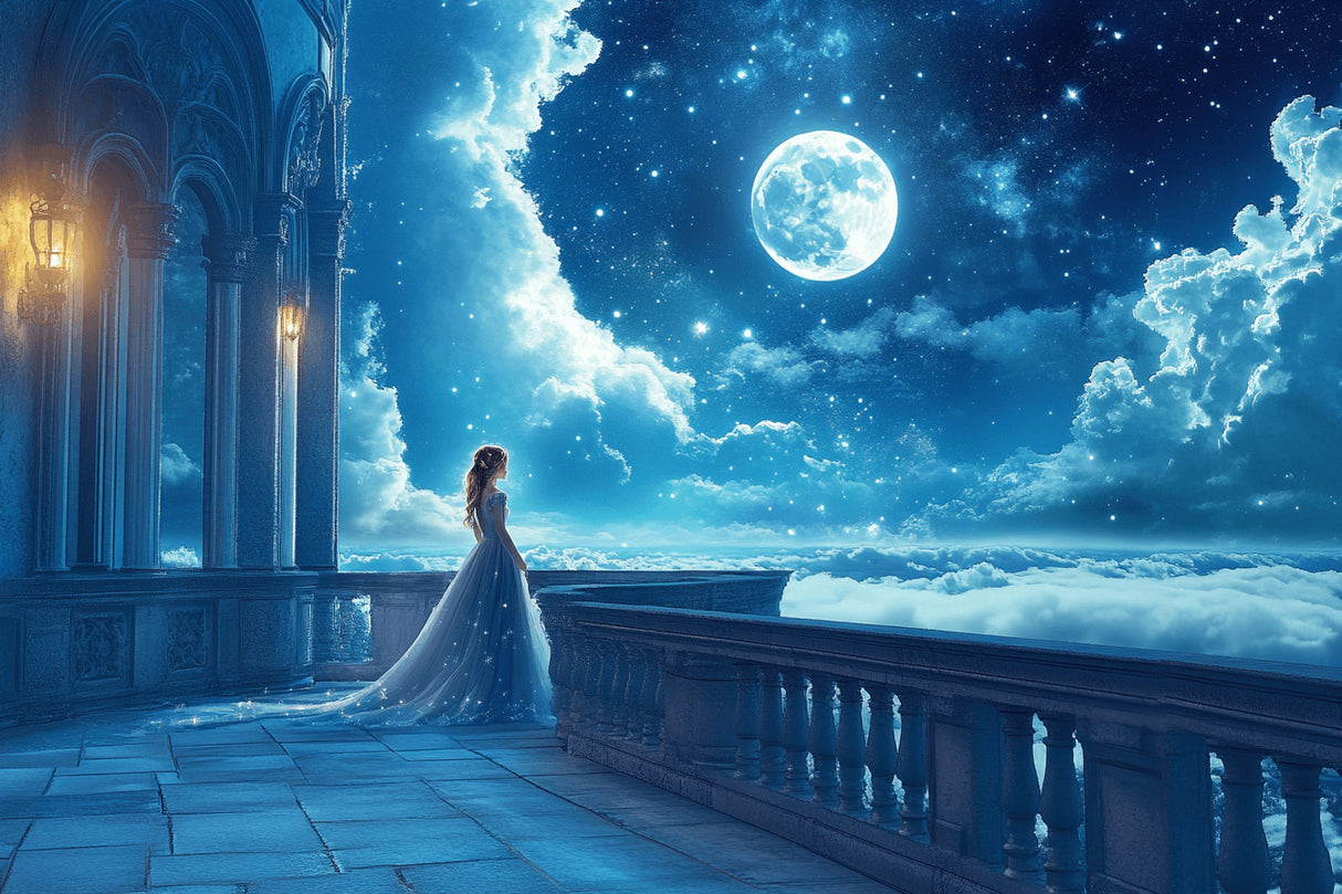 Princess under moonlit sky design file showing intricate castle details and starry night pattern