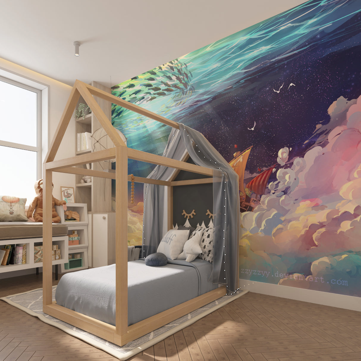 Kids playroom featuring ocean night sky mural wallpaper with magical sea elements and stars