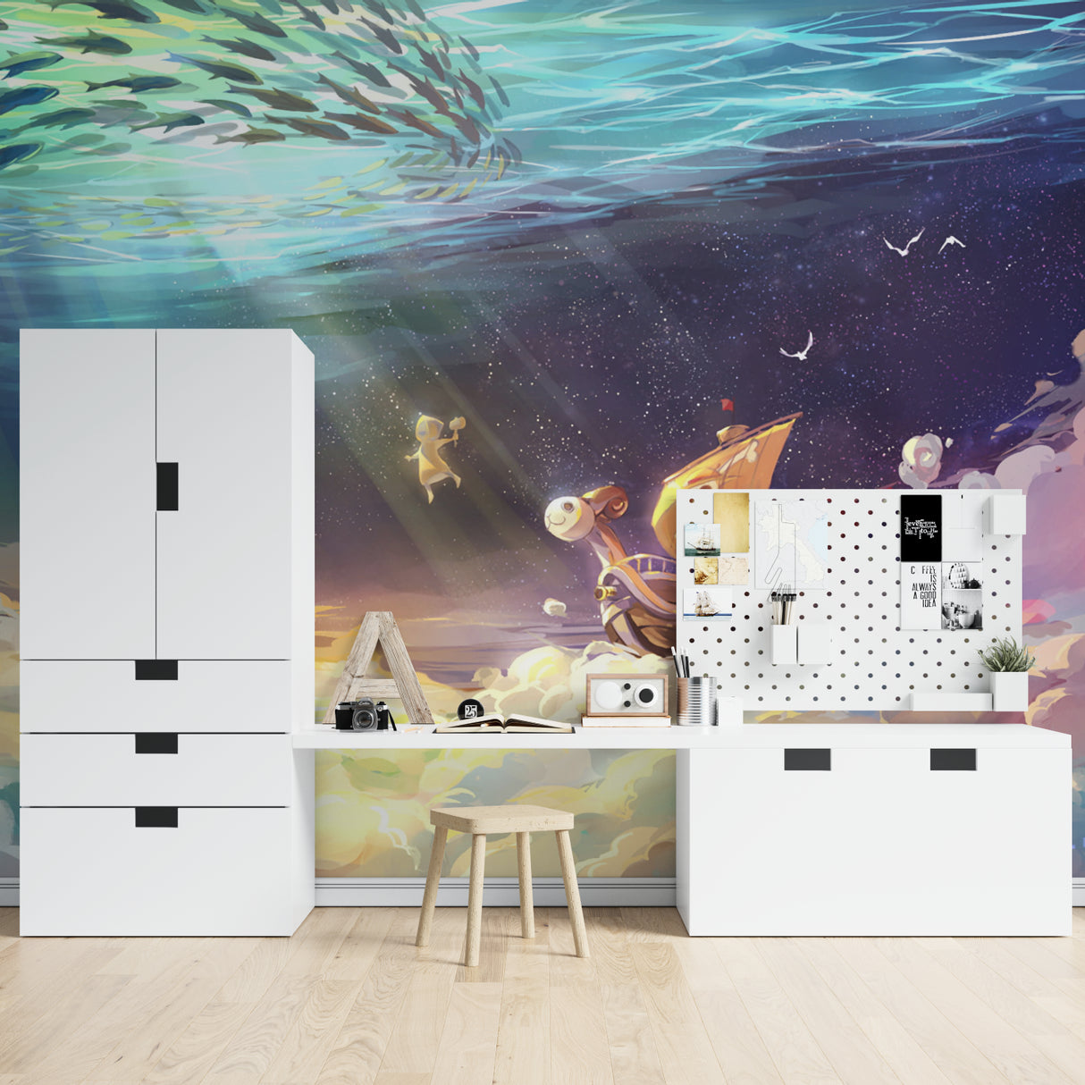 Reading nook with dreamy ocean wallpaper showing underwater to night sky transition