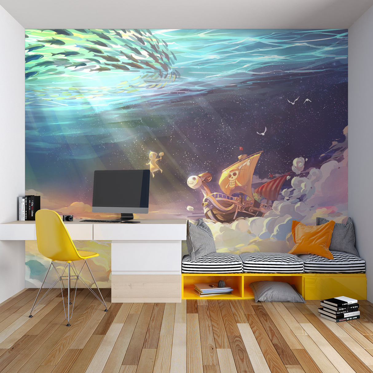 Home office space with fantasy ocean mural creating a calming atmosphere