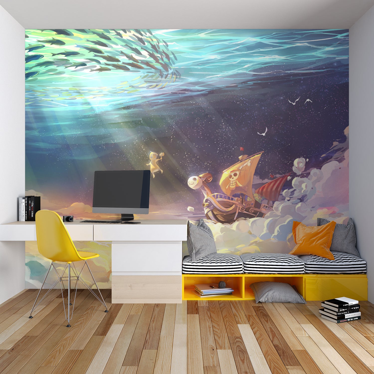 Home office space with fantasy ocean mural creating a calming atmosphere