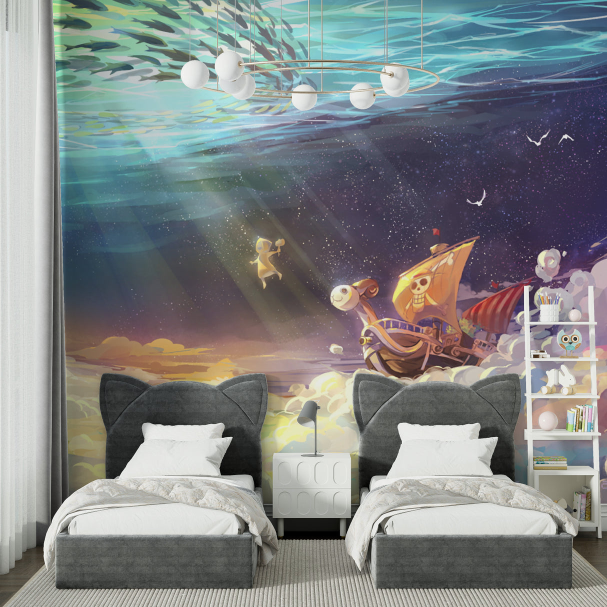 Nursery room showcasing fantasy ocean wallpaper with gentle colors and magical elements