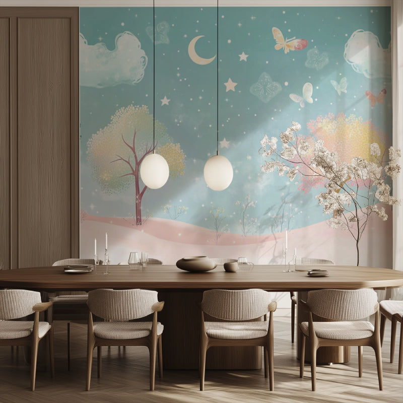 Night Sky Tree Wallpaper transforming modern bedroom with ethereal glow