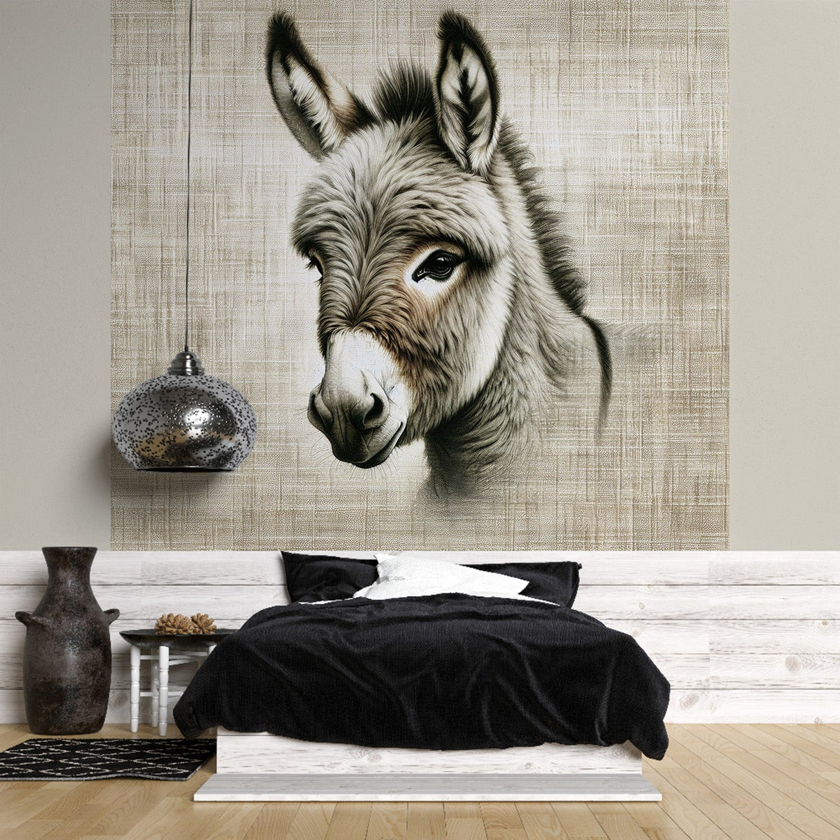 Farm animal wallpaper featuring donkey portrait styled in modern farmhouse living room with natural light