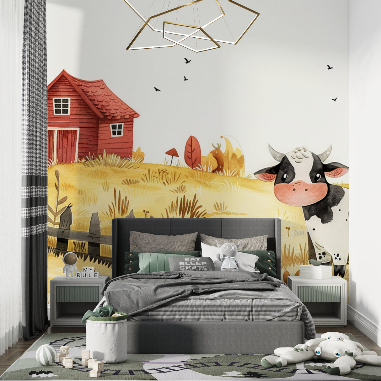 Farm animals wallpaper bringing countryside charm to a bright nursery with natural light