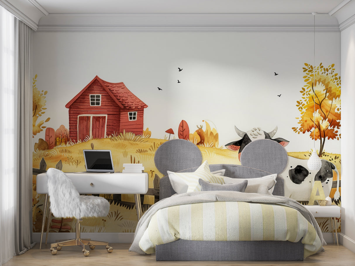 Watercolor farm mural creating a cozy reading nook in a children's bedroom