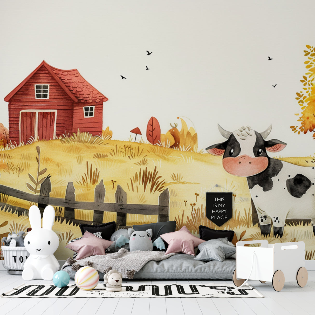 Farm themed wall mural adding warmth to a modern playroom setting