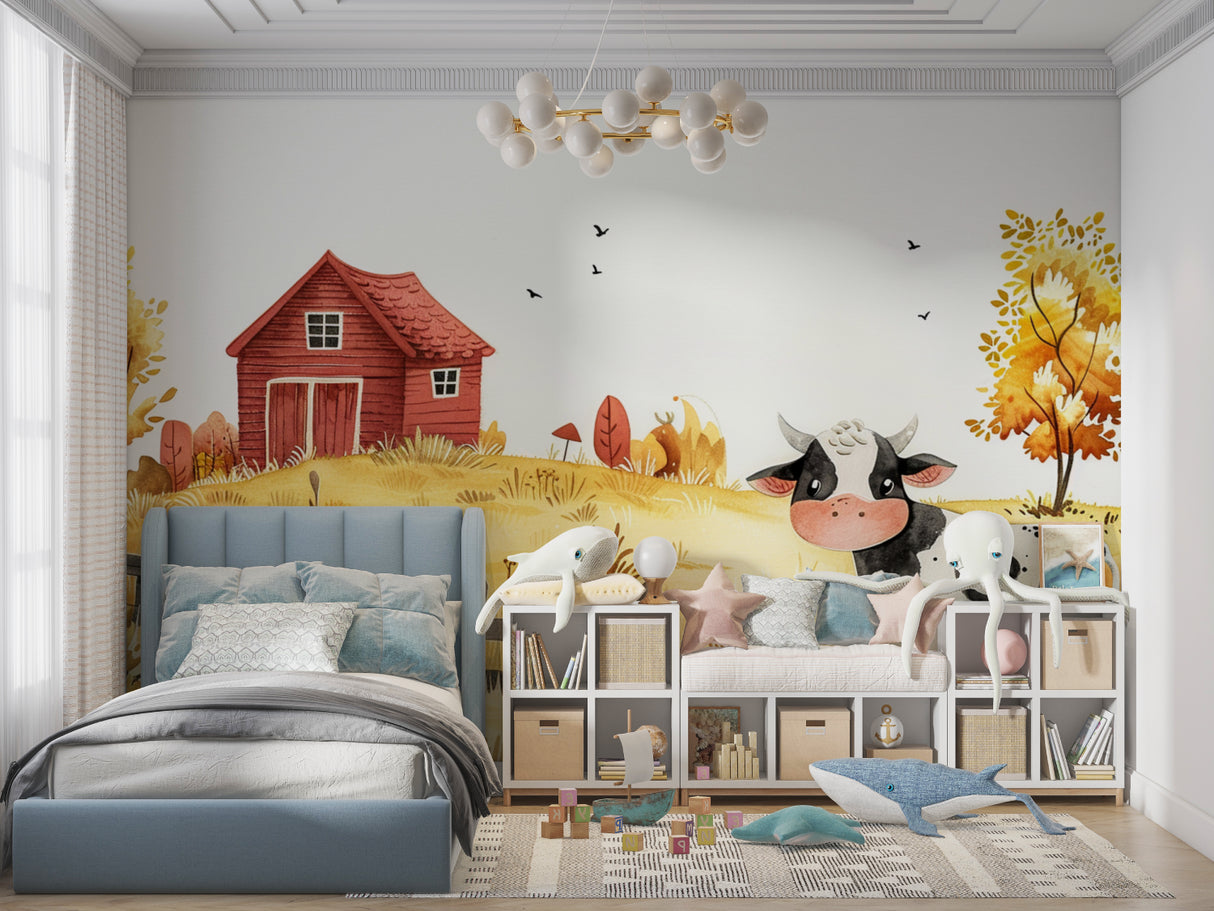 Countryside wallpaper scene transforming a neutral dining room into a welcoming space