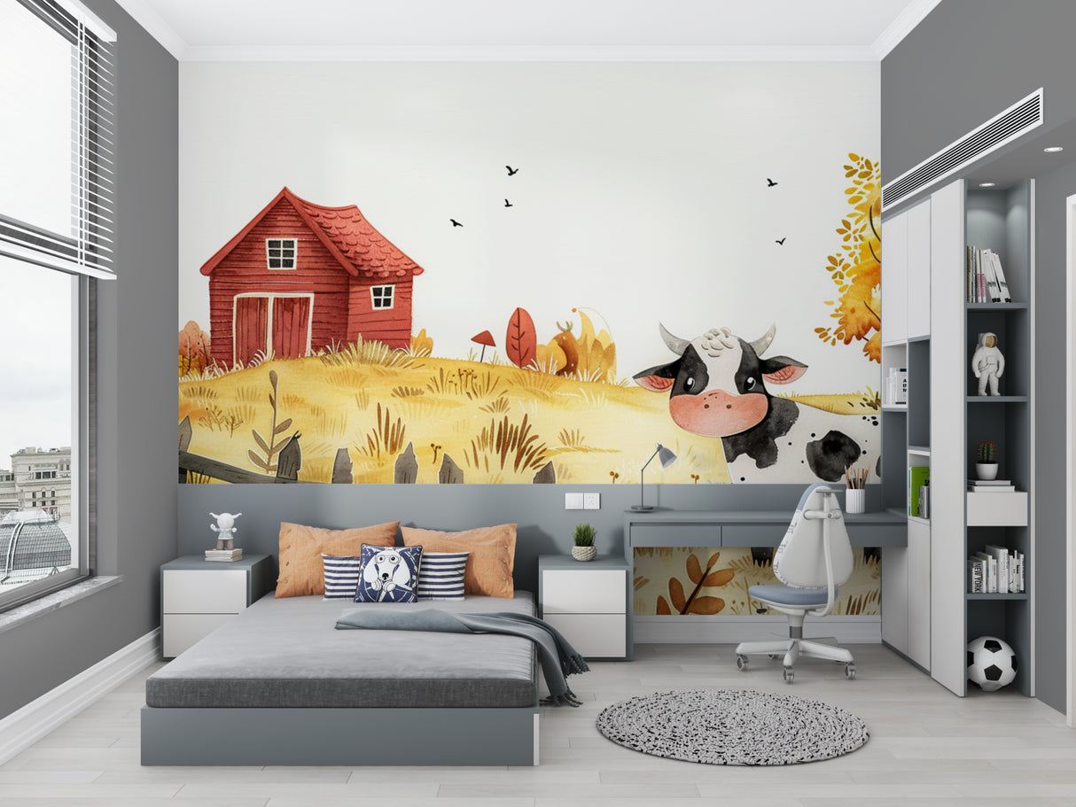 Farm animals mural bringing pastoral charm to a baby's room with wooden furniture