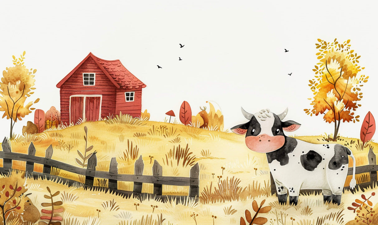 Design file showing complete watercolor farm animals pattern with barn and countryside elements