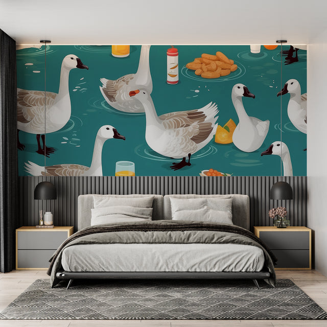 Farm birds wallpaper in bright modern dining room with white geese swimming on turquoise water