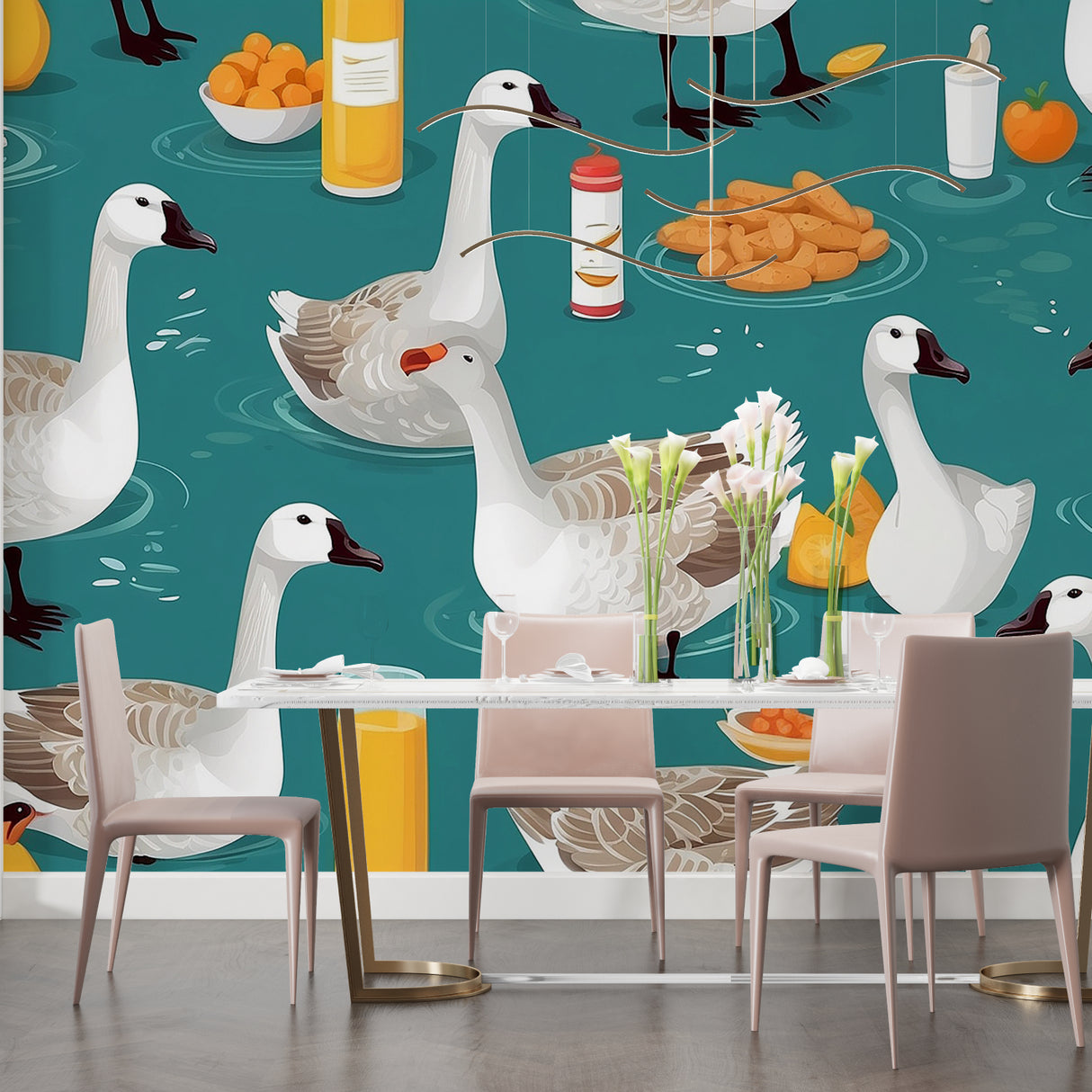 Geese wall mural creating fresh look in sunlit breakfast nook