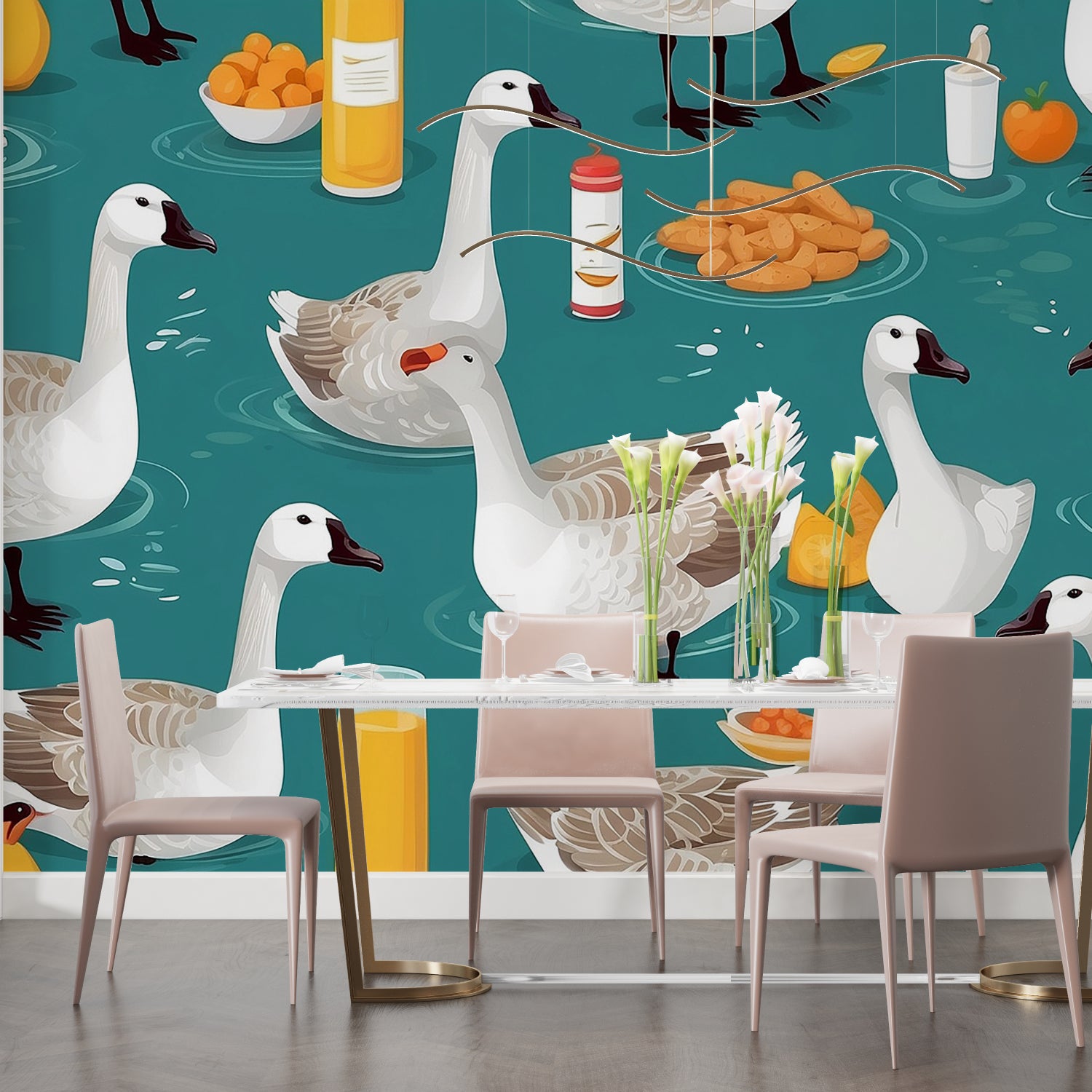 Geese wall mural creating fresh look in sunlit breakfast nook