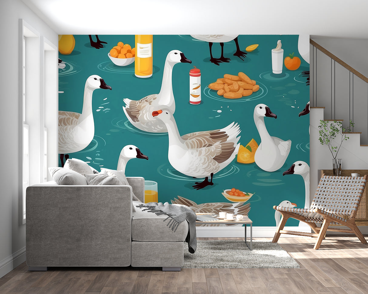 Farm animal wallpaper with swimming geese in cozy kitchen setting