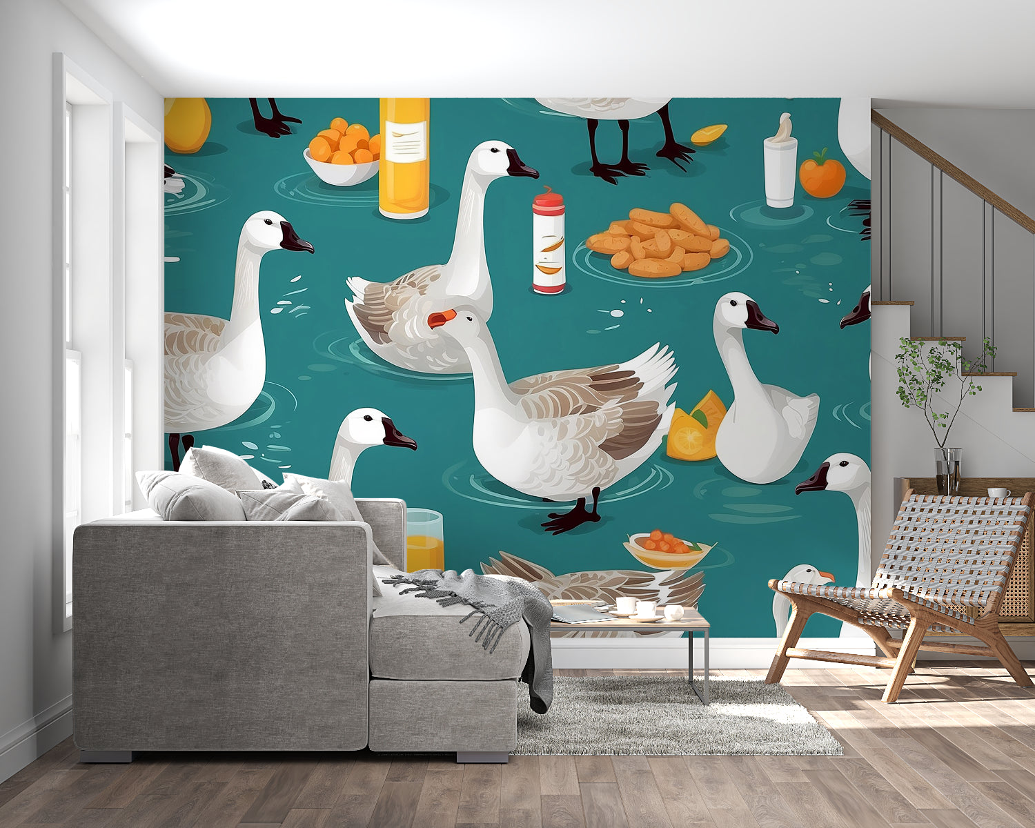 Farm animal wallpaper with swimming geese in cozy kitchen setting