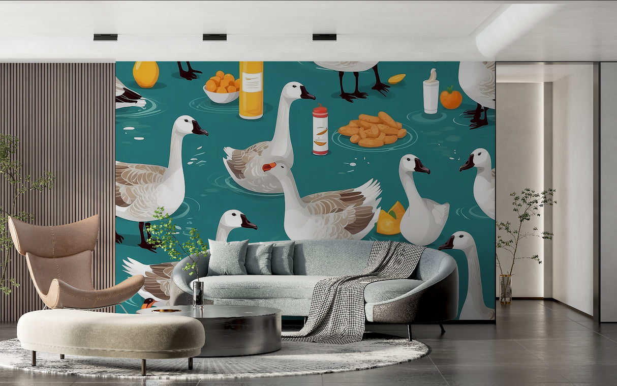 Playful geese mural bringing nature feel to modern living room