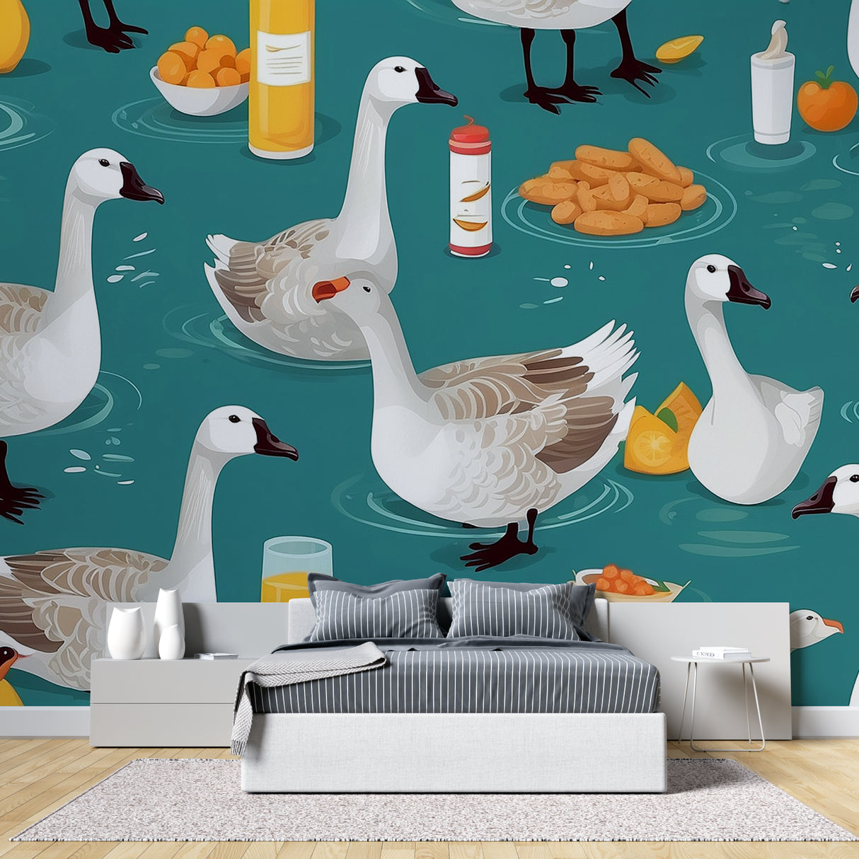 Farm birds wall design featured in bright home office space